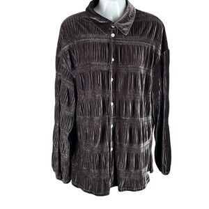 Shirred Velour Button Front Top Cocoa Brown M